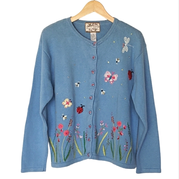 Heirloom Collectibles Sweaters - Heirloom Collectibles Vintage Blue Embroidered Sweater Size XL Ladybug Butterfly